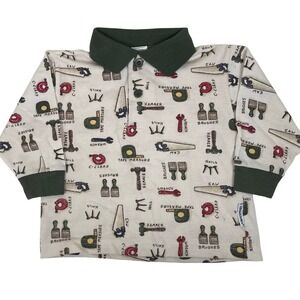 Vintage Healthtex Kids Boys 2T Long Sleeve Polo Shirt‎ Tools Print Green 90s